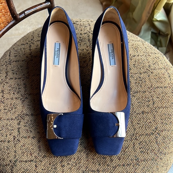 Prada Logo Suede Low-Heel Buckle Pump - Picture 2 of 9